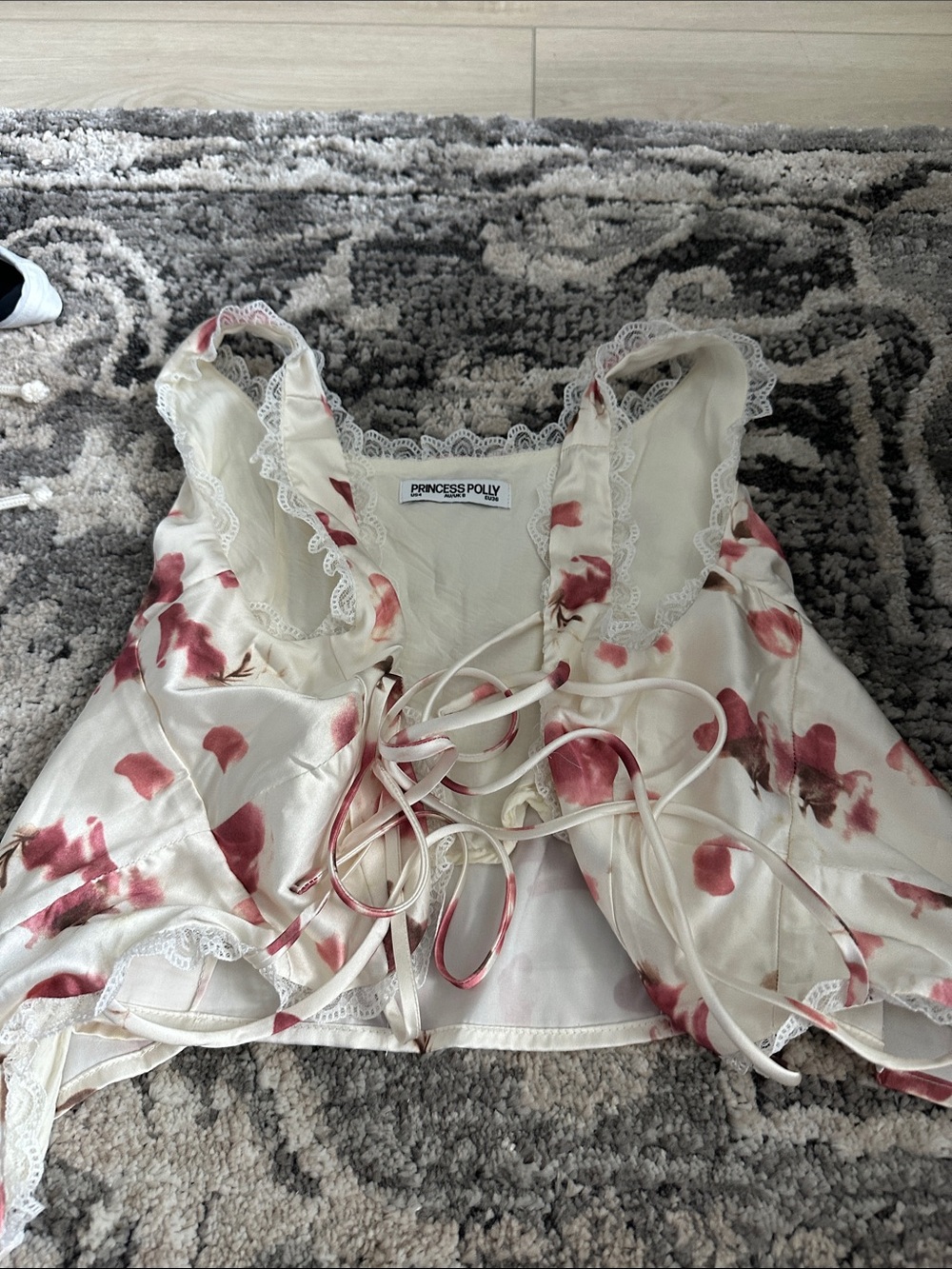Princess Polly Cream Satin Floral Lace-Trim Tie-Front Cami